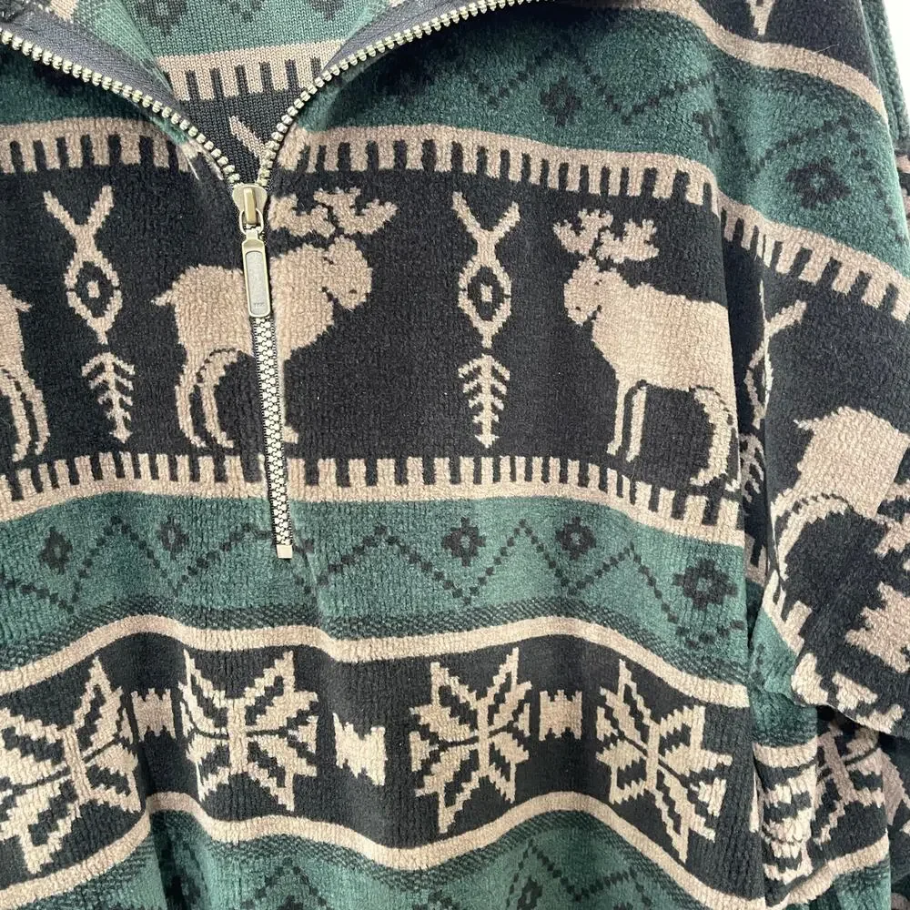 Norm Thompson Velour Pullover Moose Fair Isle 1/2 Zip Sweatshirt Shacket Large - Picture 8 of 12